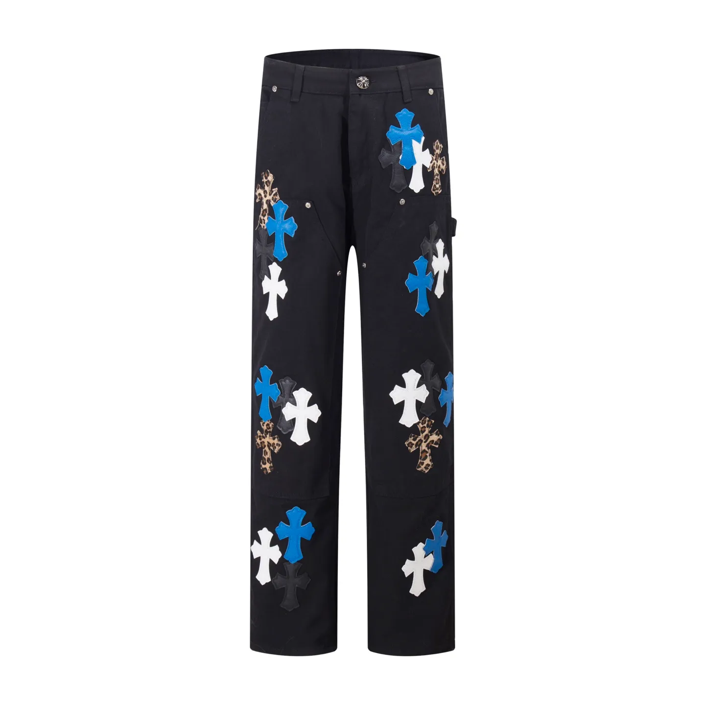P260 Style number: H33 Croxin & 𝐂𝐡𝐫𝐨𝐦𝐞 𝐇𝐞𝐚𝐫𝐭 ss25 black white and blue leopard print leather denim workwear logging pants. Styles with different washed textures are very friendly to people with thin legs. The slightly flared version perfectly modifies the leg shape. The timeless and moderate length makes it easy to match and match. It is the basis for various styles and is a must-have in your wardrobe! The fabric is stiff but also makes the upper body soft without losing texture. The washing process is even more perfect. It is a must-have item for everyone! ! ! Washed wheat, hang tag, pants label, three labels complete Color: black Size: 28-30-32-34-36